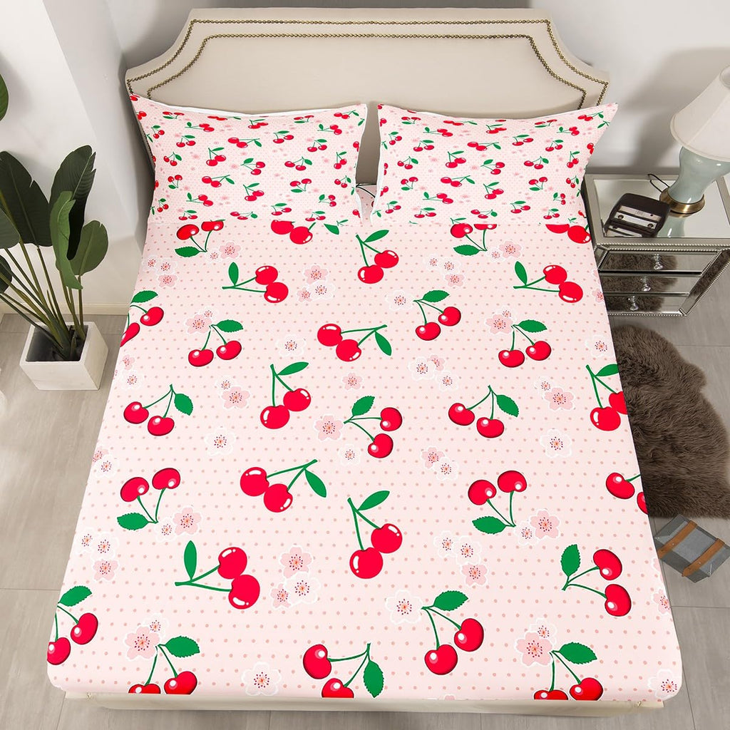 Feelyou Red Cherry Bed Set Cartoon Fruit Bed Sheets for Girls Women Children Sheet Set Girly Cute Fruit Bedding Sheets Pink 1 Bed Sheets with 2 Pillowcases King Size