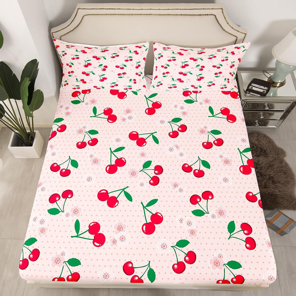 Feelyou Red Cherry Bed Set Cartoon Fruit Bed Sheets for Girls Women Children Sheet Set Girly Cute Fruit Bedding Sheets Pink 1 Bed Sheets with 2 Pillowcases King Size