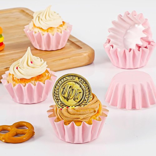 Caperci Pink Mini Cupcake Liners - 200 Heavy-Duty Grease-Resistant Baking Cups, Odorless & Easy Peel