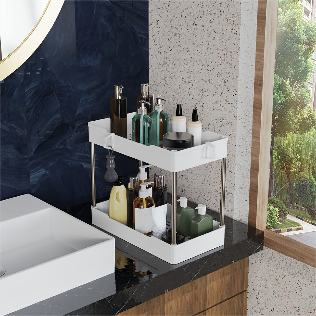 Skiennix 3-Pack Under Sink Organizers - 2-Tier Bathroom Cabinet Shelf with Hanging Cups | White