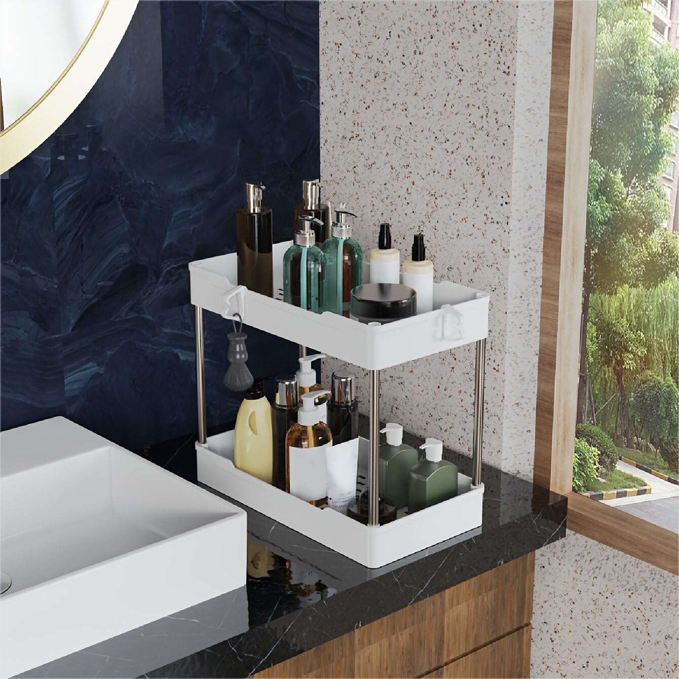 Skiennix 3-Pack Under Sink Organizers - 2-Tier Bathroom Cabinet Shelf with Hanging Cups | White