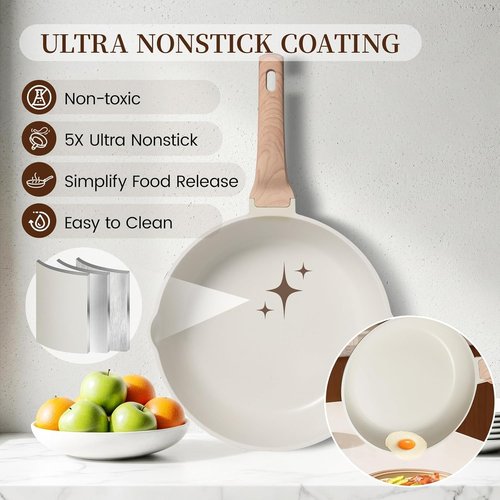 Kikcoin Non-Stick Ceramic Pots and Pans Set - 16-Piece Induction Cookware Set, White, Stackable
