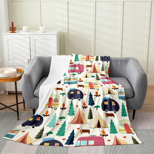 Feelyou Colorful Camper All Season,Bed Blanket Happy Camping Plush Throw Blanket, for Sofa Couch Kids RV Camping Flannel Fleece Blanket Cartoon Camping Car Farmhouse Trailers Camper Throw 50"x60"