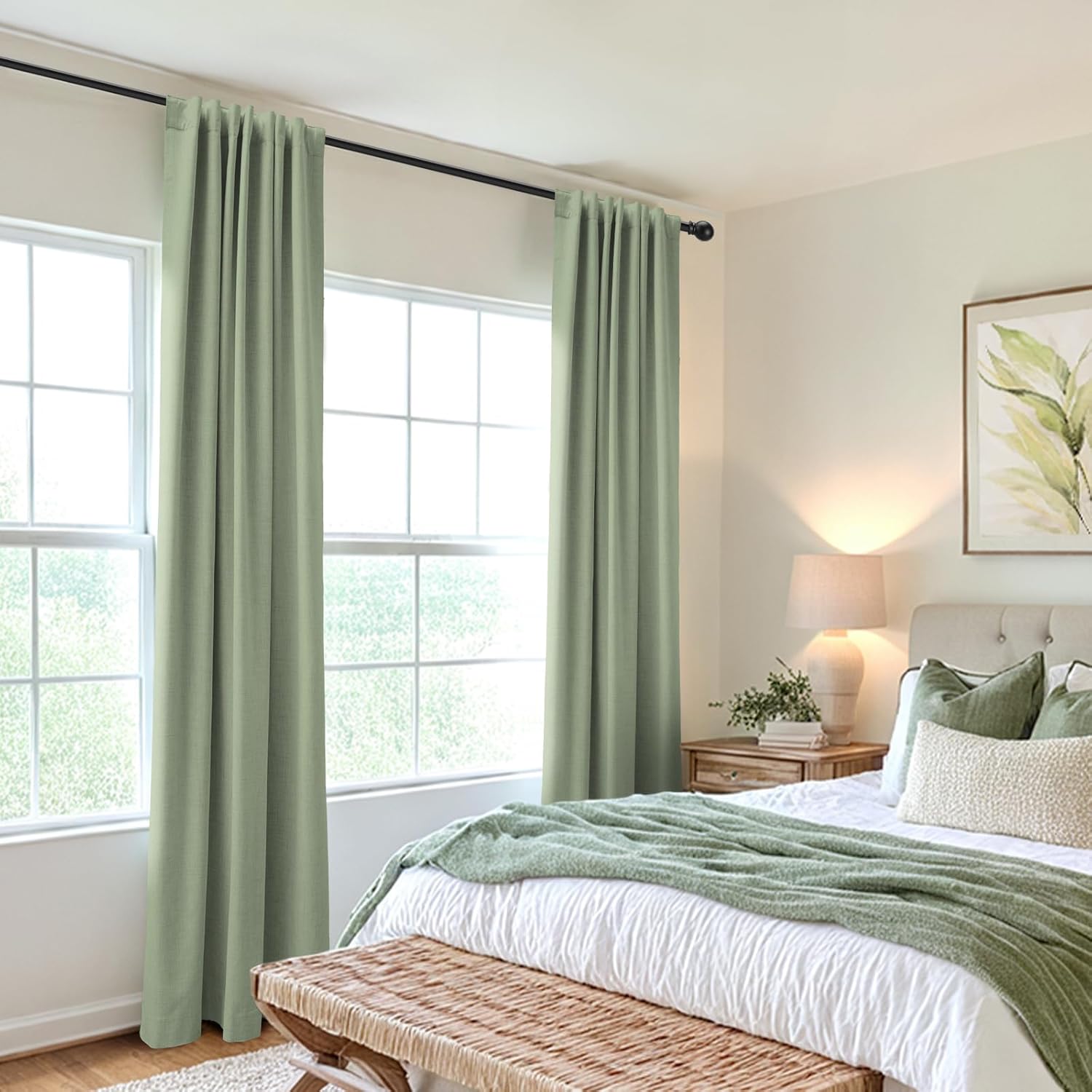 Skiennix 100% Blackout Linen Curtains - Thermal Insulated Drapes, 50" W x 96" L, Sage - 2 Panels Set