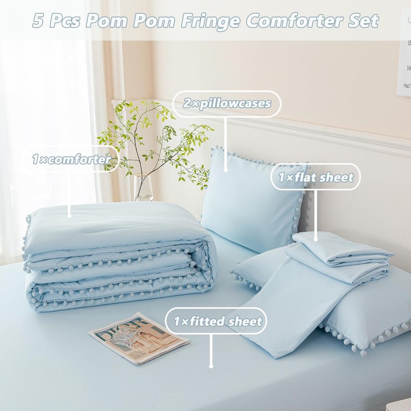 PERFEMET 5 Pieces Full Bed in A Bag Light Blue Pom Pom Bedding Set for Girls Boys Soft Fluffy Boho Solid Bedding Comforter Set with Sheets(Light Blue, Full)