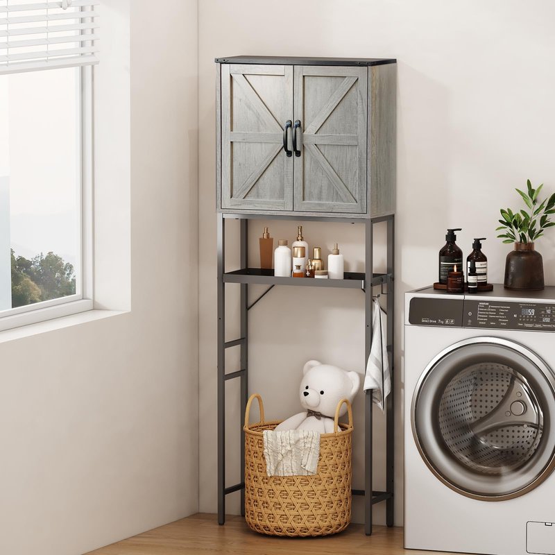 Timboniture Over The Toilet Storage Cabinet, Bathroom Above Toilet Cabinet Organizer with Doors and Adjustable Shelves, Bathroom Shelf Organizer with Anti-Tip Device & Drain Rack, White (Brown)