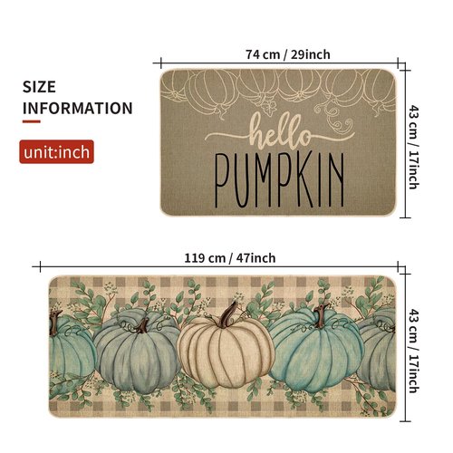 Hello Pumpkin Fall Kitchen Rugs Set of 2, Thanksgiving Farmhouse Style Kitchen Decoration Mats Cushioned Anti Fatigue Non-Slip Washable Floor Mat 17x29 and 17x47 Inch DM170