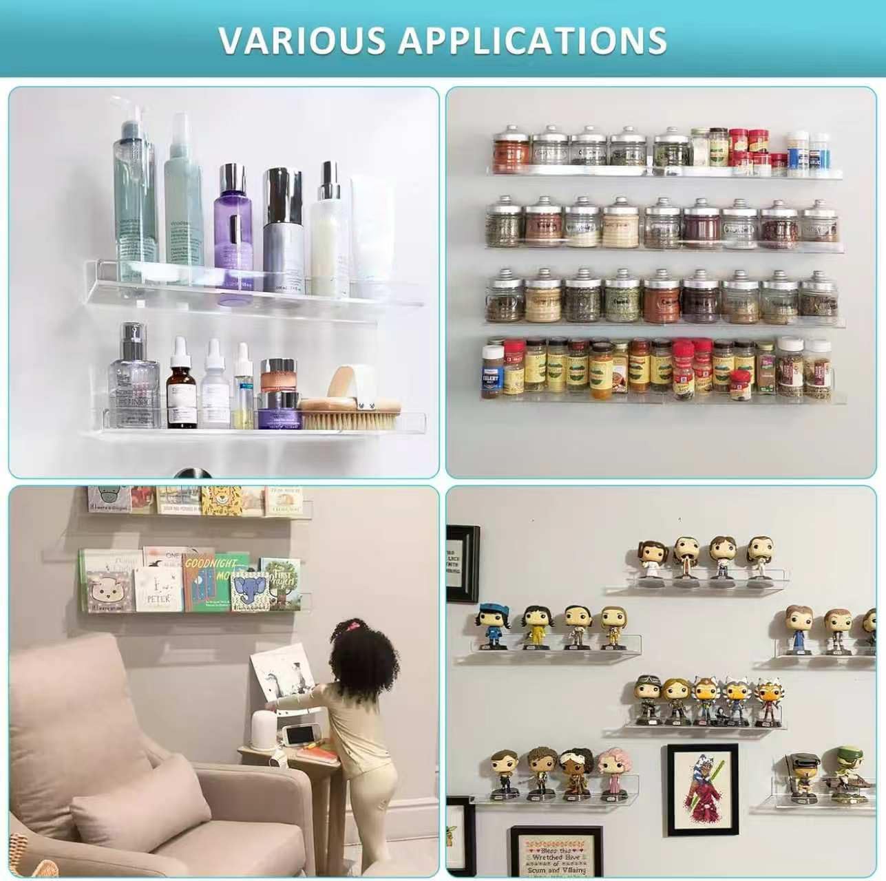 Albumgit 15" Clear Acrylic Floating Shelves - Self-Adhesive Wall Storage for Pop Figures, Pictures & More