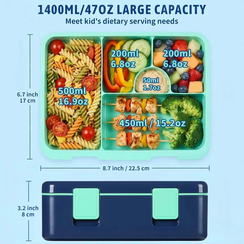 rockpapa Chill Bento Box for Kids- Large 5.5 Cups Lunch Box with Ice Pack - 5 Compartments, BPA-Free, Leak Proof, with Utensils & Portable Handle, Microwave/Dishwasher Safe (Blue Dinosaur)