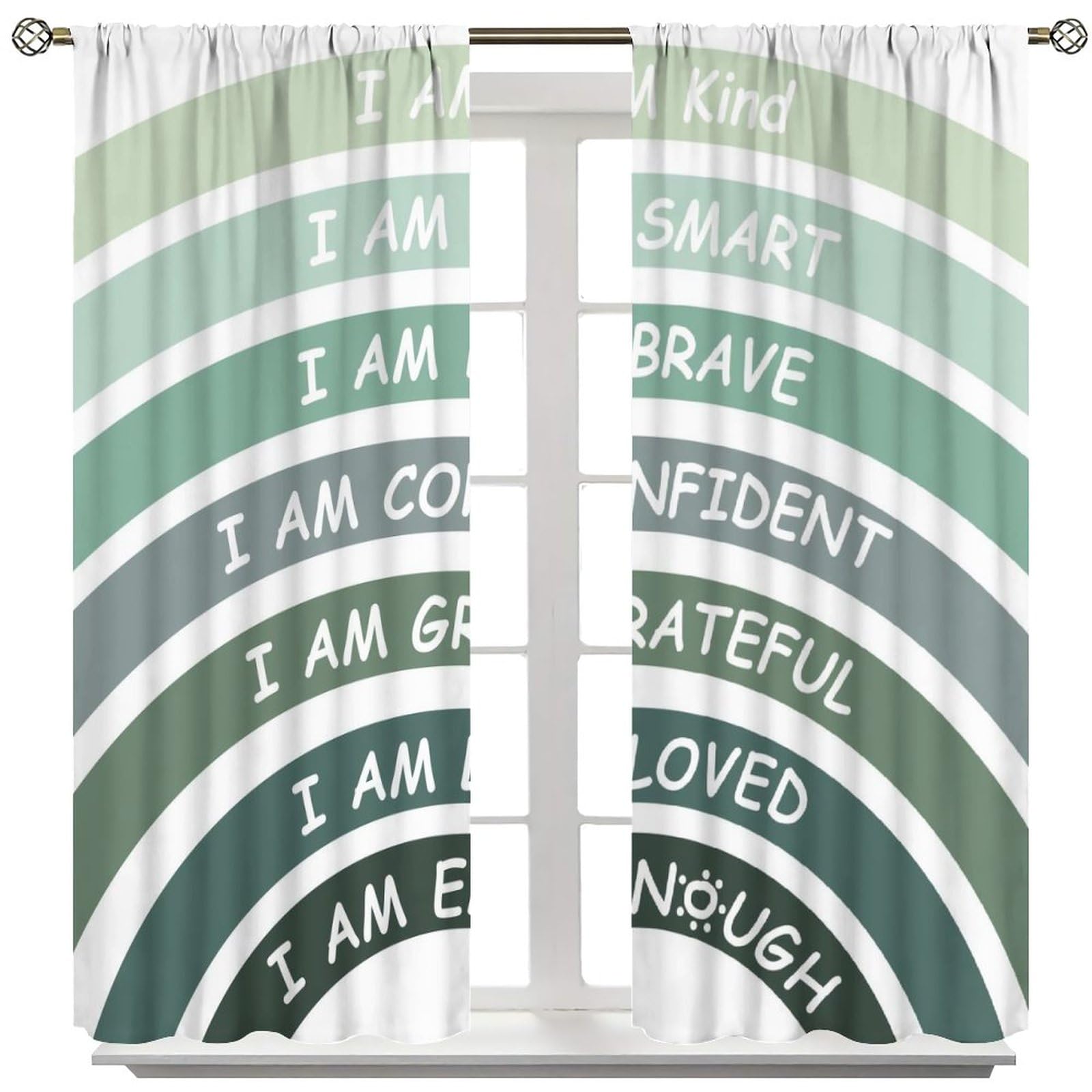 YungHo Boho Rainbow Curtain, Classroom Book Center Calming Corner Playroom Decor, I Am Kind Smart Brave Home Girls Room Blackout Window Treatment, Green 31.5" Wx63 L x2【Blackout】