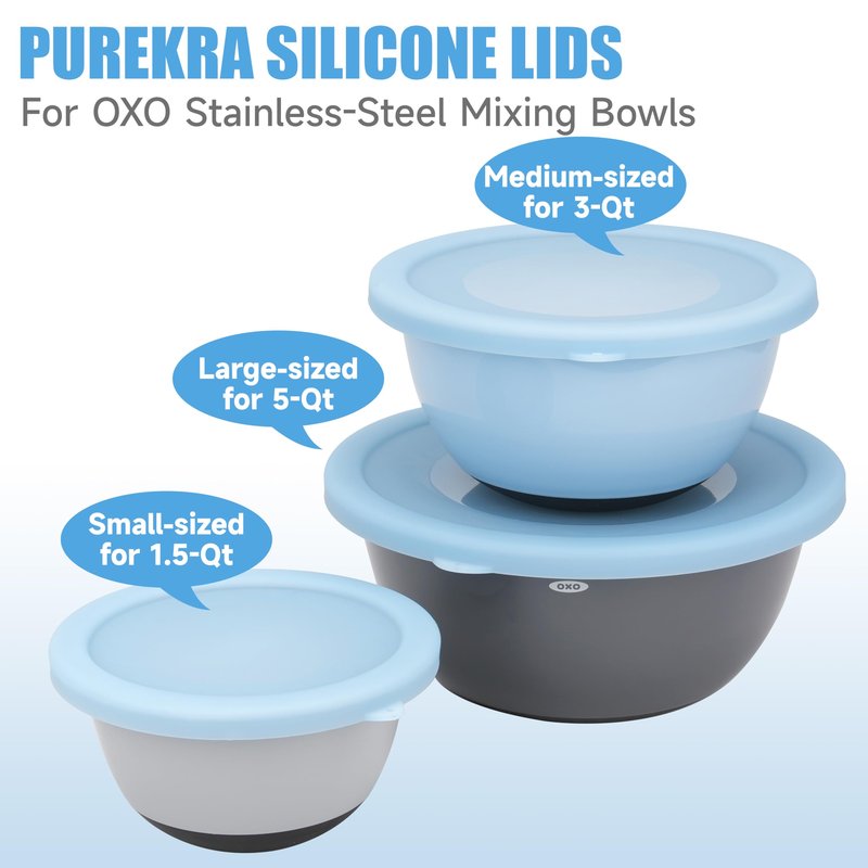 PUREKRA 3 Pack Silicone Replacement Lids for OXO 1.5-Quart, 3-Quart & 5-Quart Good Grips Stainless-Steel Mixing Bowls, See-Through Silicone Lids, Dishwasher & Microwave Safe (Bowls Are Not Included)