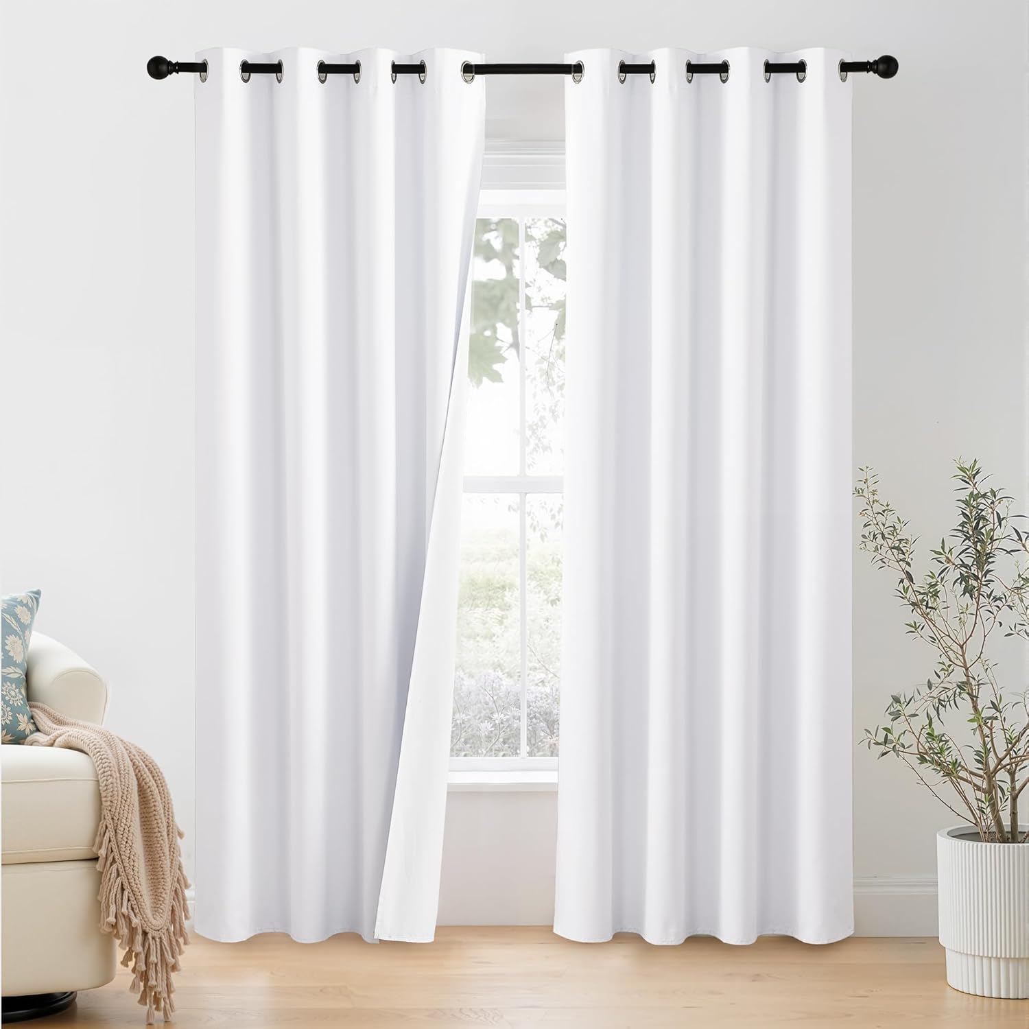 NICETOWN 100% Blackout Window Curtain Panels - Thermal Insulated Drapes, 86" Length, Set of 2, Snow White