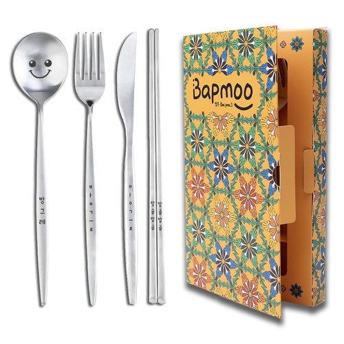 BAPMOO Flatware Cheerful Face Cutlery Set Tableware Engraved Korean Character Hangeul Cute Good for Gift Stainless Steel Metal Reusable Flat Chopsticks