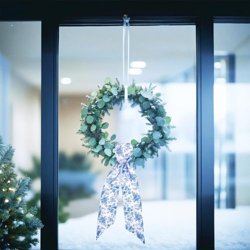 FYSUIMU Blue Flower Wreath Sash - Chinoiserie Floral Garland Ribbon for Holiday Decor | 2 Pcs