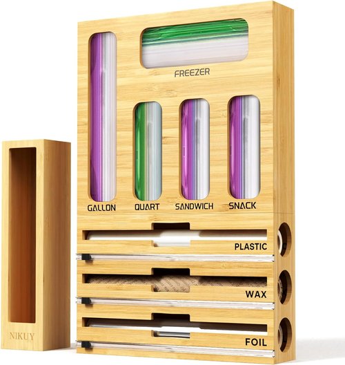 Bamboo 9-In-1 Foil & Plastic Wrap Organizer - Kitchen Drawer Storage with Labels for Bags