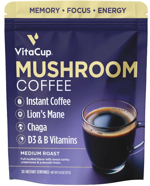 VitaCup Mushroom Instant Coffee | For Memory & Clarity Support | with Fiber, Chaga, Lion’s Mane | D3 & B Vitamins | Medium Roast 100% Arabica & Robusta Instant Coffee | 30 Servings