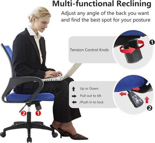 BestOffice Ergonomic Office Chair - Mid-Back Swivel Design with Breathable Backrest & Lumbar Support - Adjustable Height & Dark Blue Color for Comfort