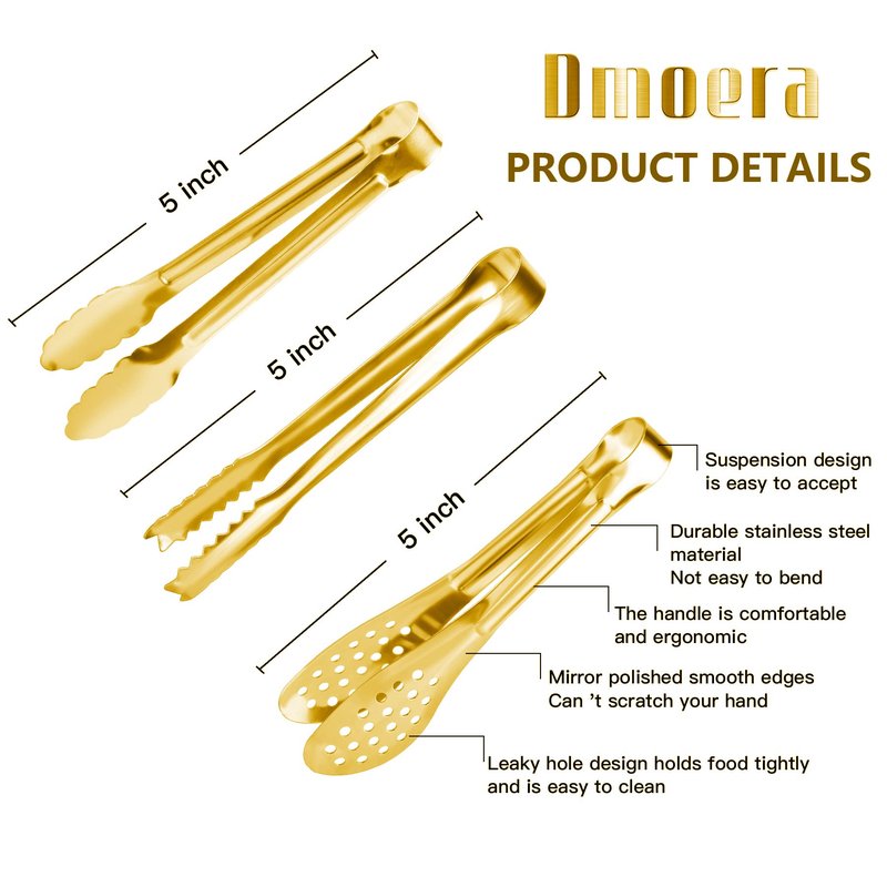 12 Pack Gold Premium Small Serving Tongs, Dmoera Mini Stainless Steel Appetizer Tongs, 5 Inch(12.7cm)
