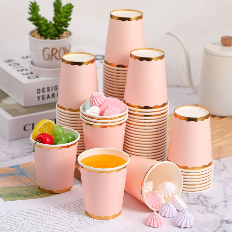 Funtery 100 Count 9 oz Light Pink Paper Cups Disposable Coffee Cup Pink Party Cup for Graduation Wedding Holiday Picnic Birthday Party Bridal Baby Shower Favor Coffee Beverage Tea