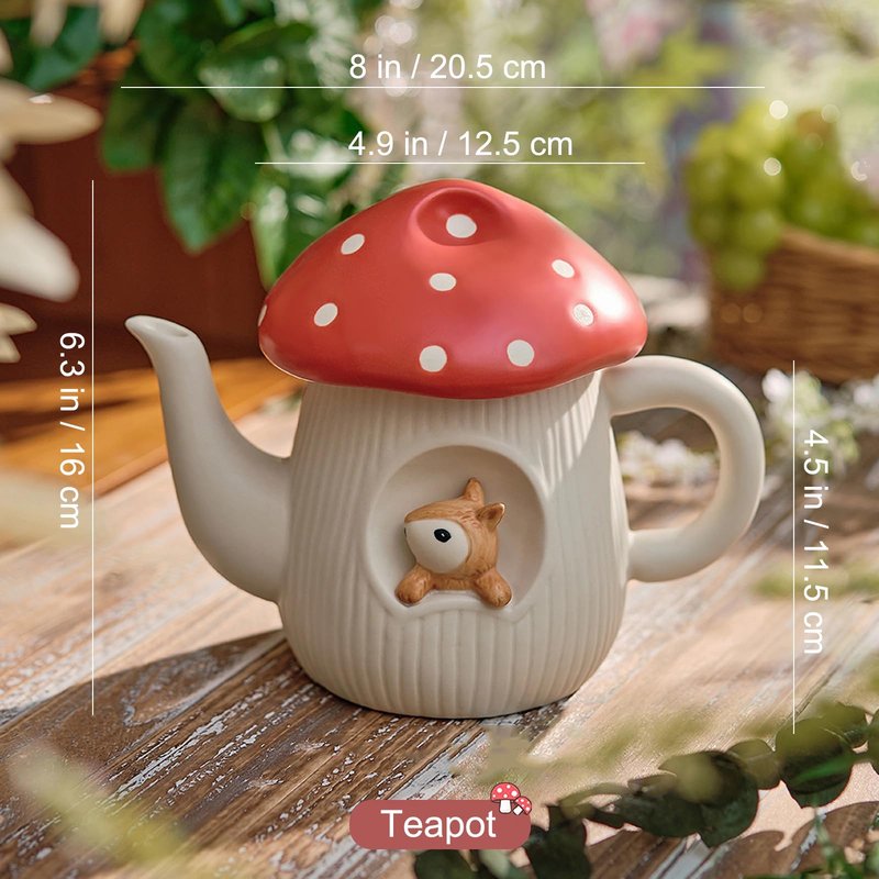 RESVUGA Cute Mushroom Teapot, Handmade Glaze Polka Dot Lid, Safety Matt Ceramic Tea Pot, With squirrel decoration. 23 oz / 680 ml. Best Gifts for Women & Girls.