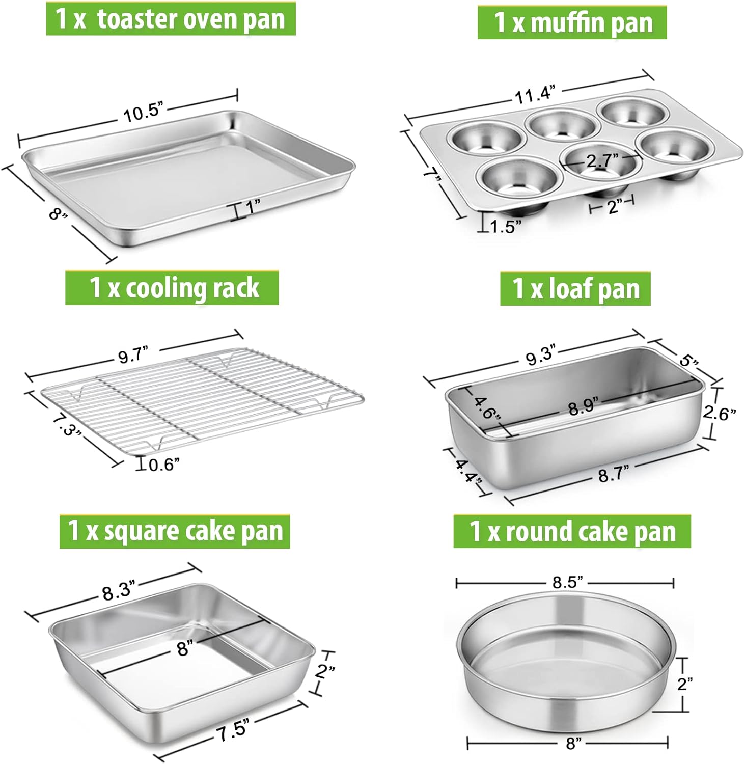 P&P CHEF 6-Piece Toaster Oven Bakeware Set - Stainless Steel, Non-Toxic & Easy to Clean