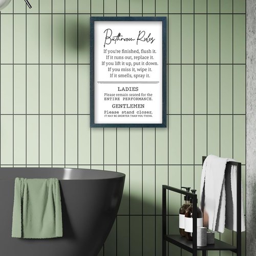 Bathroom Rules Wall Decor - Humorous Quotes Restroom Sign | 16" x 11" Framed Art (Black) by [Brand Name]