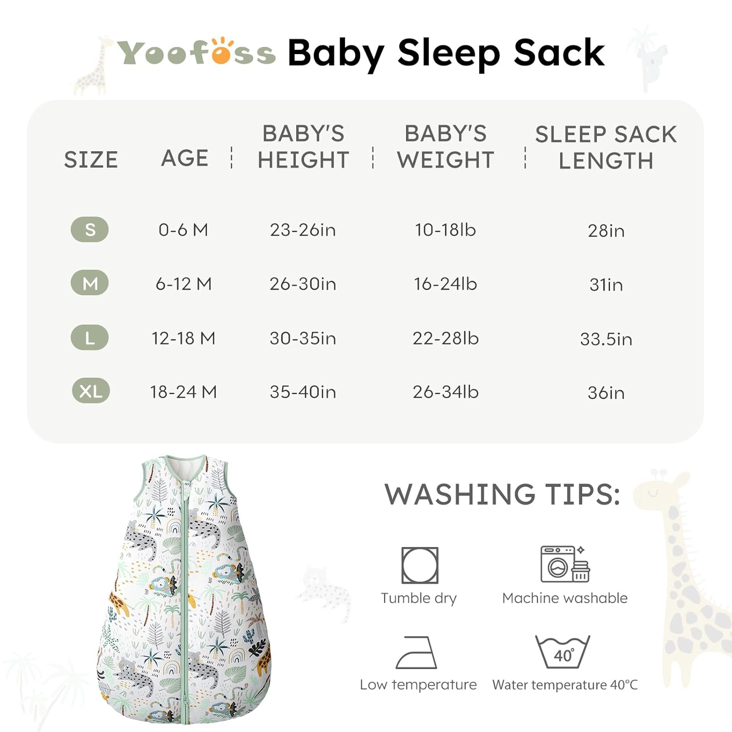 Yoofoss Baby Sleep Sack - 100% Organic Cotton Wearable Blanket for 12-18 Months | TOG 2.5, Warm & Comfy