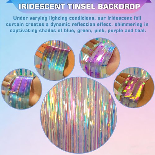 Iridescent Clear Tinsel Curtain Backdrop - 3.28 x 8ft Rainbow Foil Fringe | Shimmer Party Decoration (2 Pack)