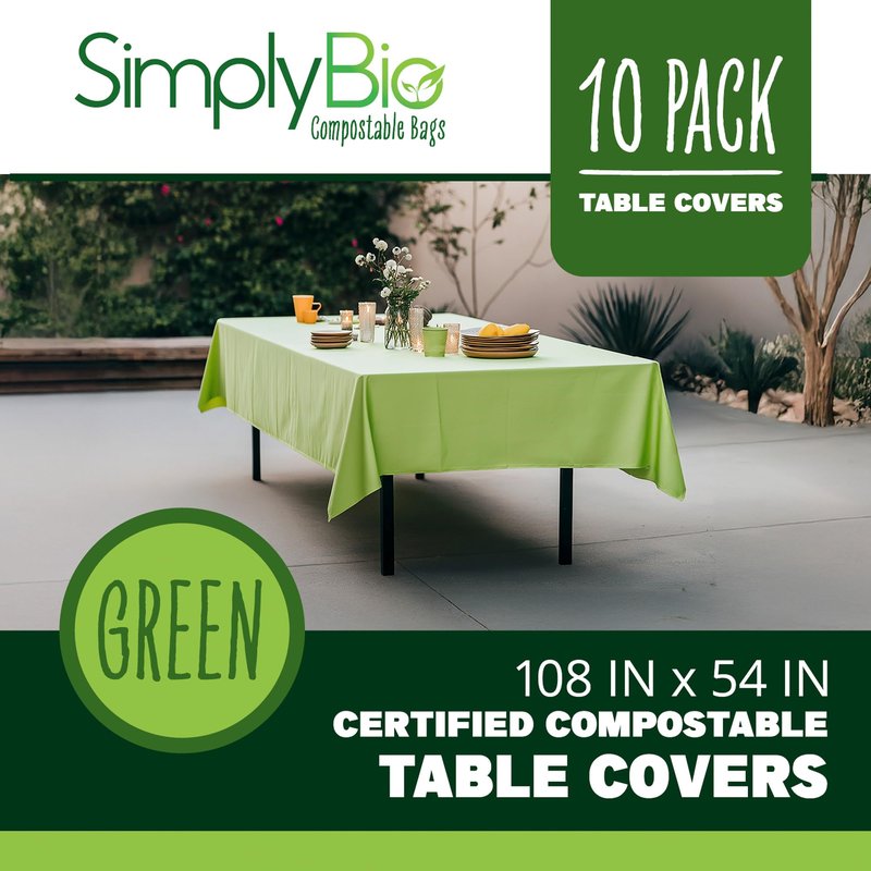 Simply Bio Compostable Tablecloths for Rectangle Tables (54''x108'', 10 Count) Disposable Rectangular Tablecloth Anti-Plastic Table Cover for Outdoor, Party, Picnic, Wedding, Green