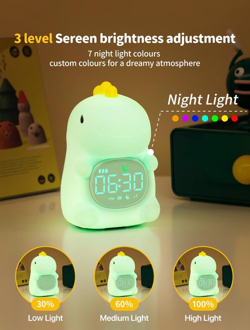 Dinosaur alarm clock Night Light, Toddler Sleep Training Clock with Sun & Moon,ok to wake clock for kids & Sleep Trainer. Dinosaur Night Light with White Noise Sleep,Gift Ideas for Kids Child