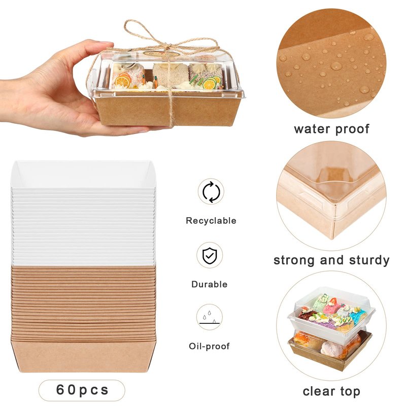 Sieral 60 Pack Small Charcuterie Boxes with Clear Lids Mini Food Containers Disposable Charcuterie Boxes with Thank You Stickers for Thanksgiving Christmas(Brown, White)