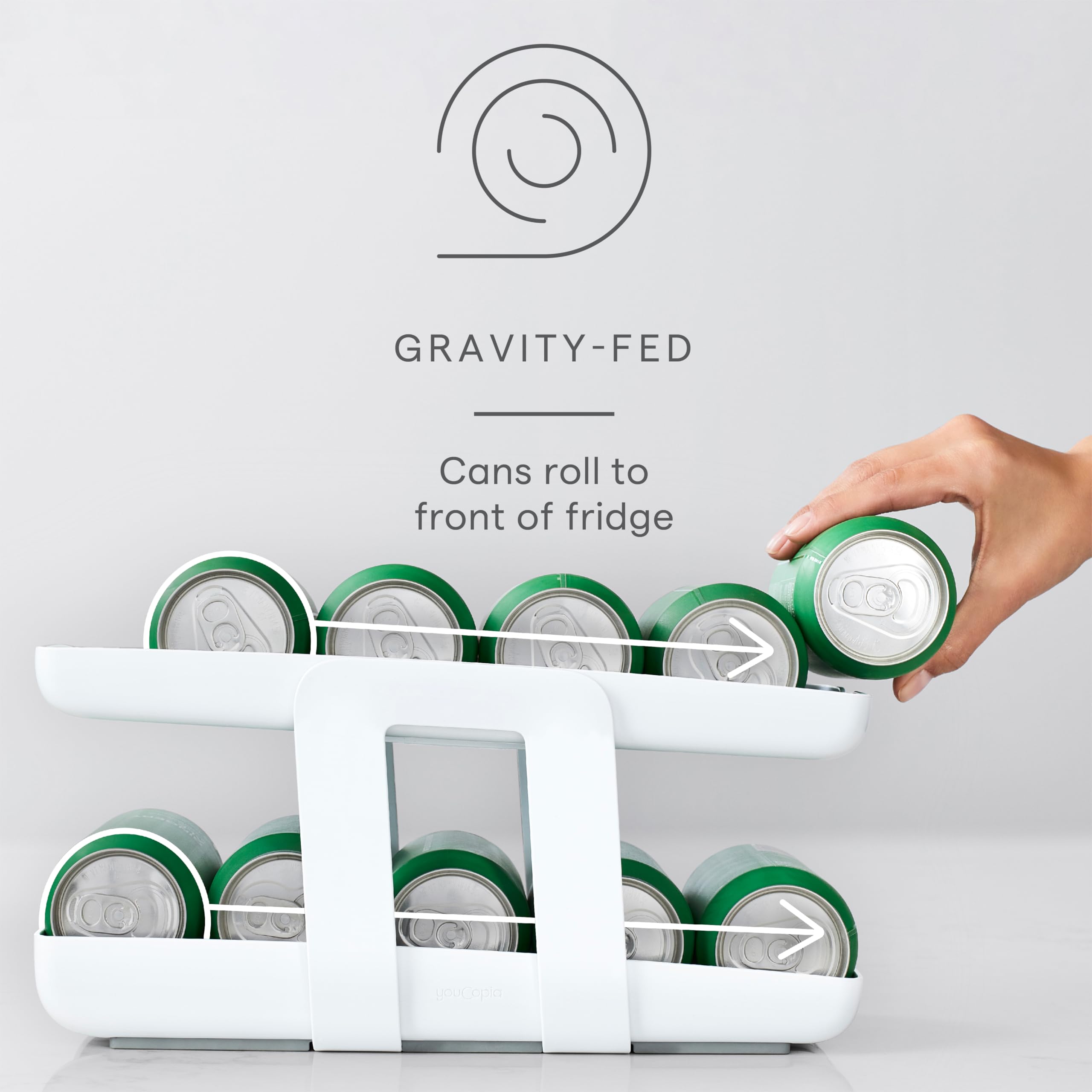 YouCopia RollDown Can Dispenser, Space-Saving Rolling Dispenser and Organizer for Refrigerator Storage, White