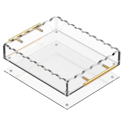 GRAHAM DESIGN 10×12 Rectangular Scalloped Acrylic Tray with Bronze Handles & Magnetic Mat – Clear Display Tray, Vanity Organizer, Anti‑Slip Decor Accent & Gift