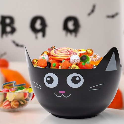 Zcaukya Halloween Party Supplies - Set of 3 Plastic Trick or Treat Candy Bowls, Cat Shaped Serving Bowls in Orange, Purple, Black for Parties