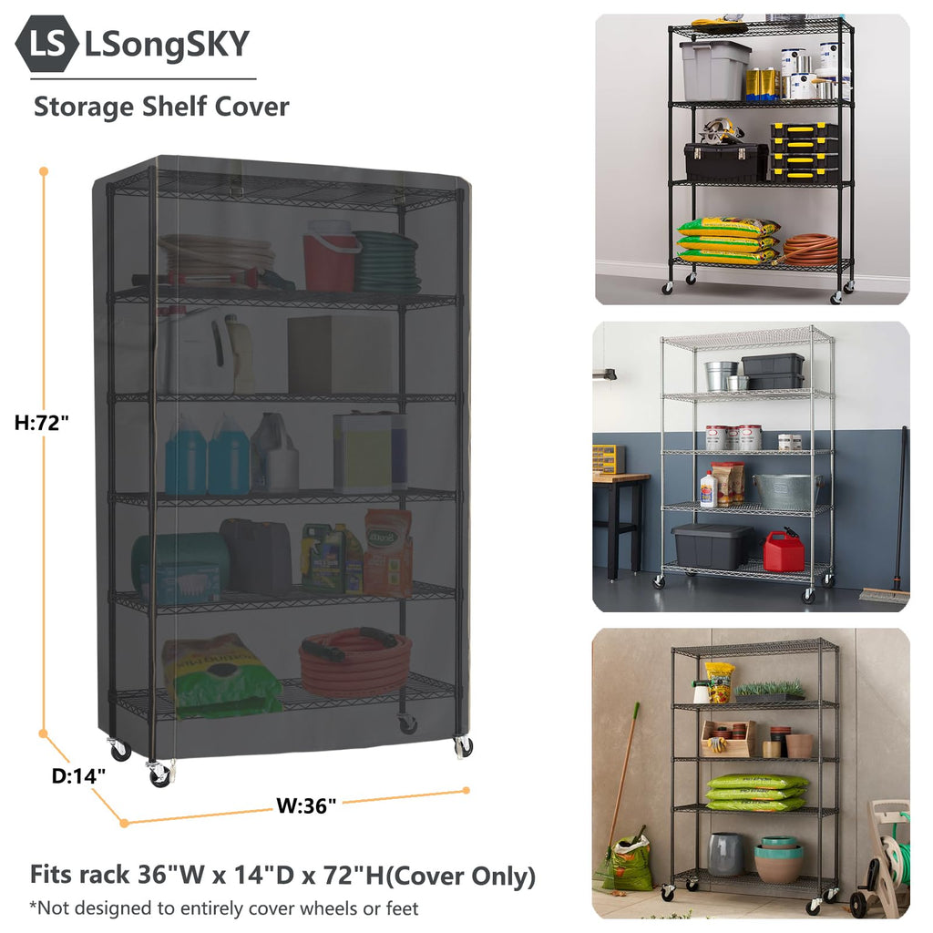 LSongSKY Shelf Cover Waterproof,Shelf Covers for Wire Shelving,Waterproof &Dustproof Heavy Duty Storage Shelves Cover,Keep Garage,Closet,Kitchen,Yard Neat,Fits Racks 36"W x 14"D x 72"H,Black