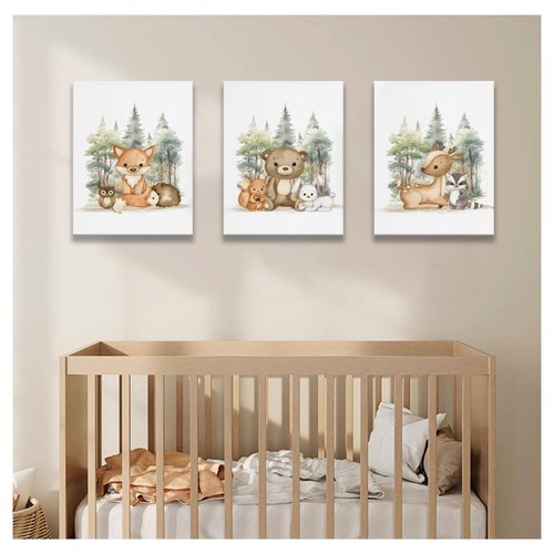 3 Pcs Nursery Woodland Animals Canvas Wall Art Fox Bear Deer Painting Picture Wall Decor Cute Wild Animals Poster Print Artwork For Baby Bedroom Kids Room Home Decoration 16inx24in Framed