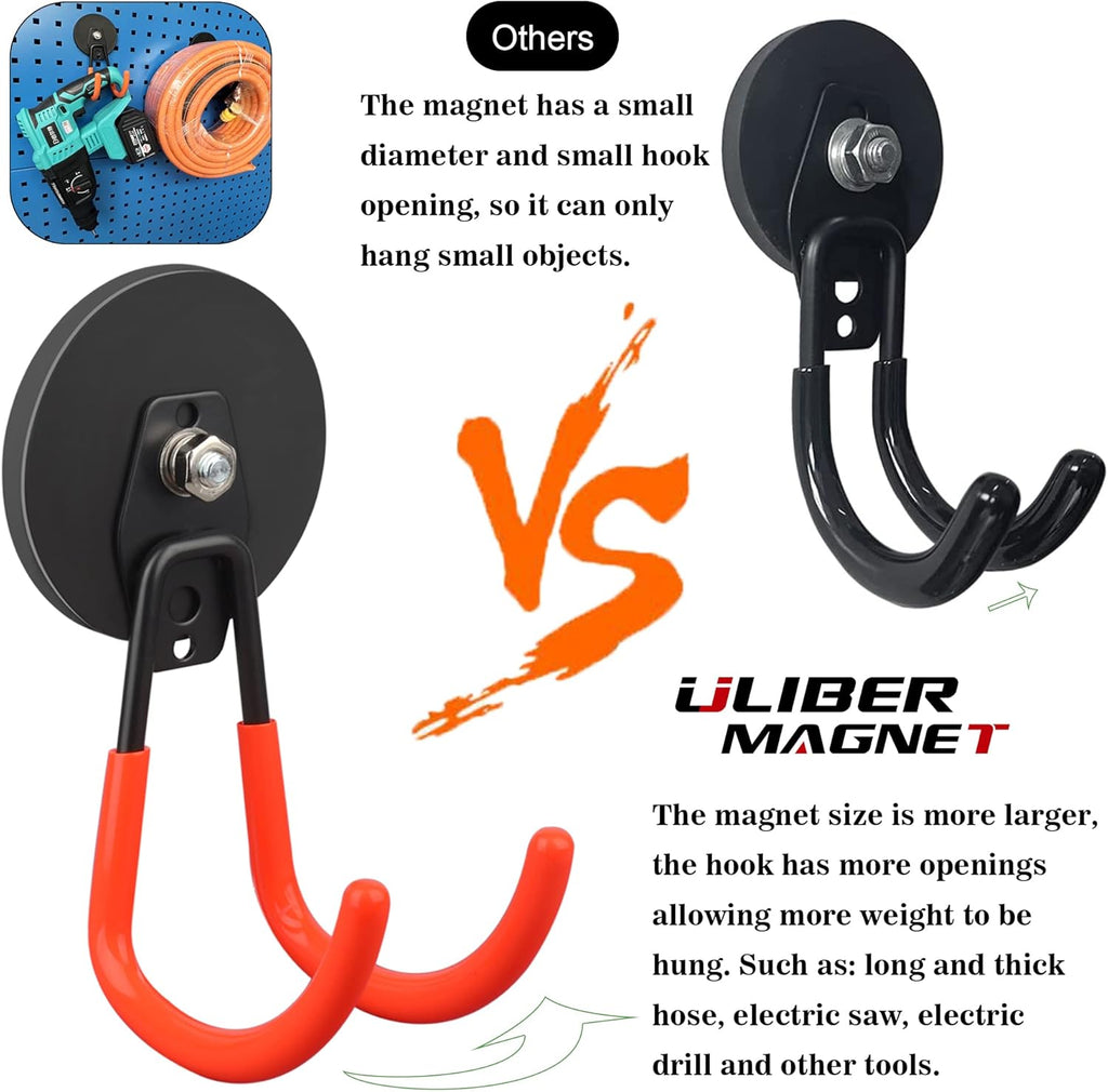 ULIBERMAGNET Heavy Duty Magnetic Hooks - 2 Pack for Cables, Tools & More | 3.46 Inch, Orange