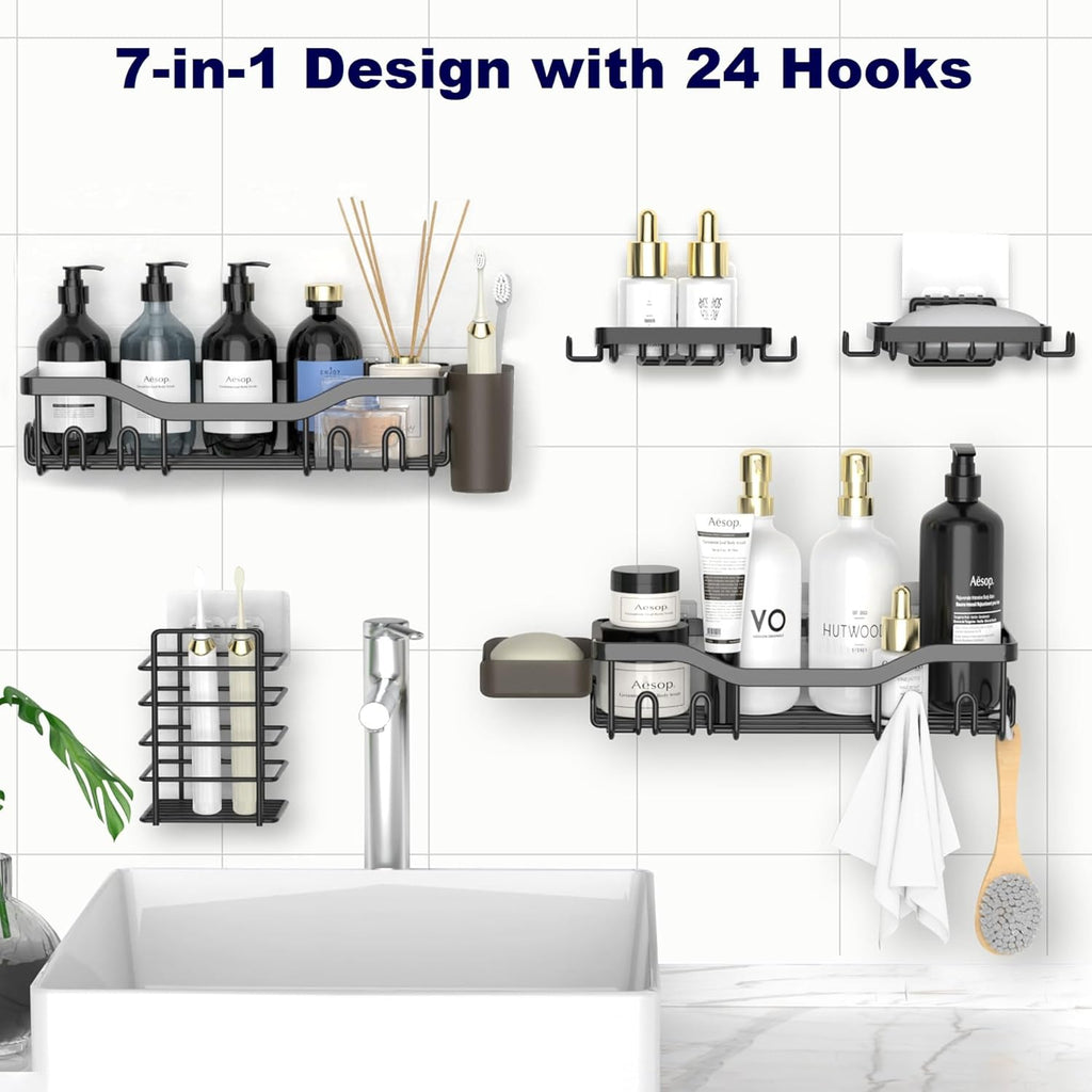 NESOMI Shower Caddy - Rustproof Stainless Steel Organizer with Soap Dish & Hooks | 7-Pack, No-Drill Storage