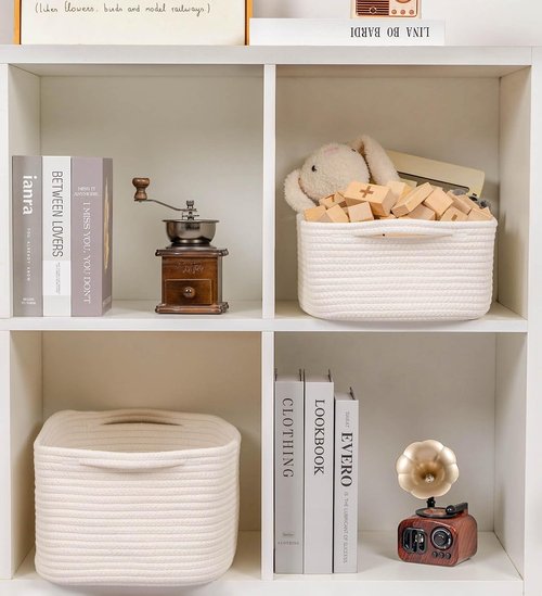 CubesLand Small Cotton Rope Basket - Cute & Durable Organizer for Toys, Bathroom, or Closet - White
