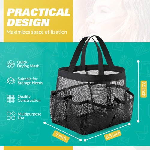 LOYEE Mesh Shower Caddy - Portable College Dorm Essential with 8 Pockets | Black Travel Bag for Beach, Gym & More