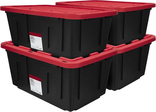 MioeDi 27 Gallon Stackable Plastic Storage Bins - Snap Lid Design, Set of 4, Black/Red