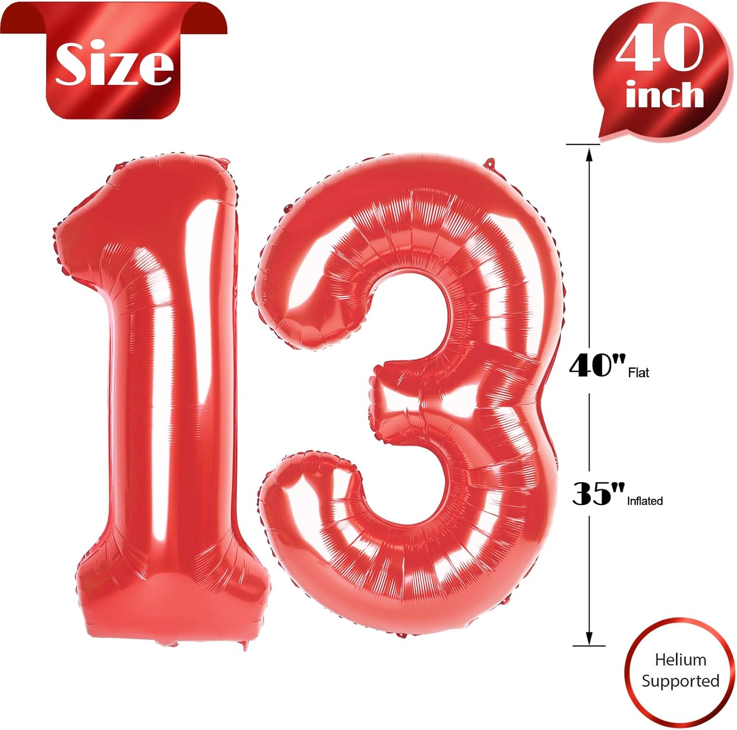 Red Number 13 Balloon - 40 Inch Giant 13th Birthday Decoration for Boys & Girls Party Supplies
