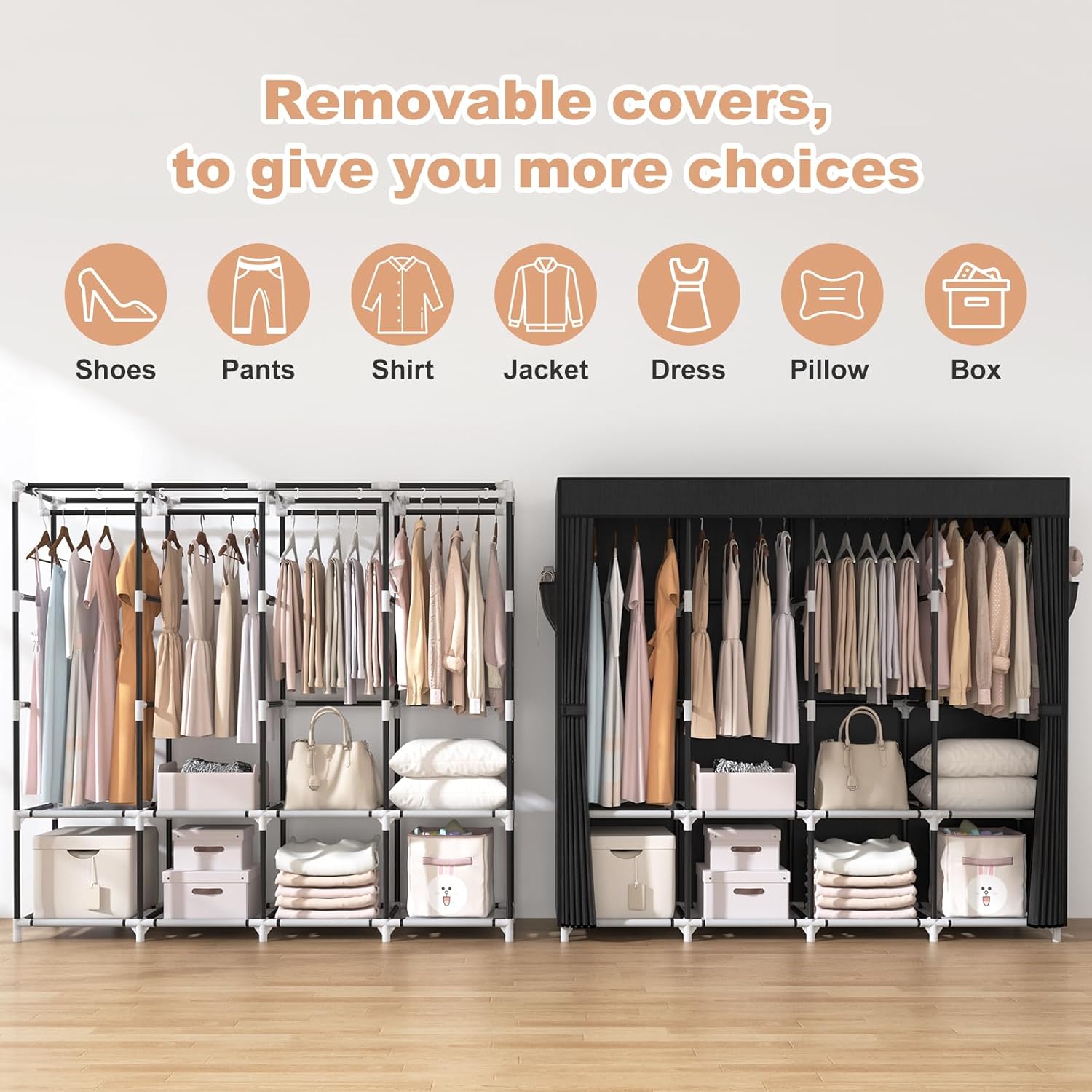 VTRIN Portable Closet - 67-Inch Wide Wardrobe with Cover, 4 Shelves & Hanging Rods - Sturdy Black Design