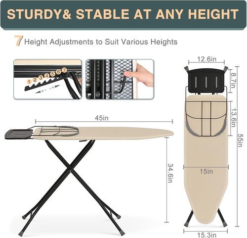 KINGBOARD Full-Size Ironing Board - Foldable Design with Adjustable Height & Heat-Resistant Cover | 15x48, Beige