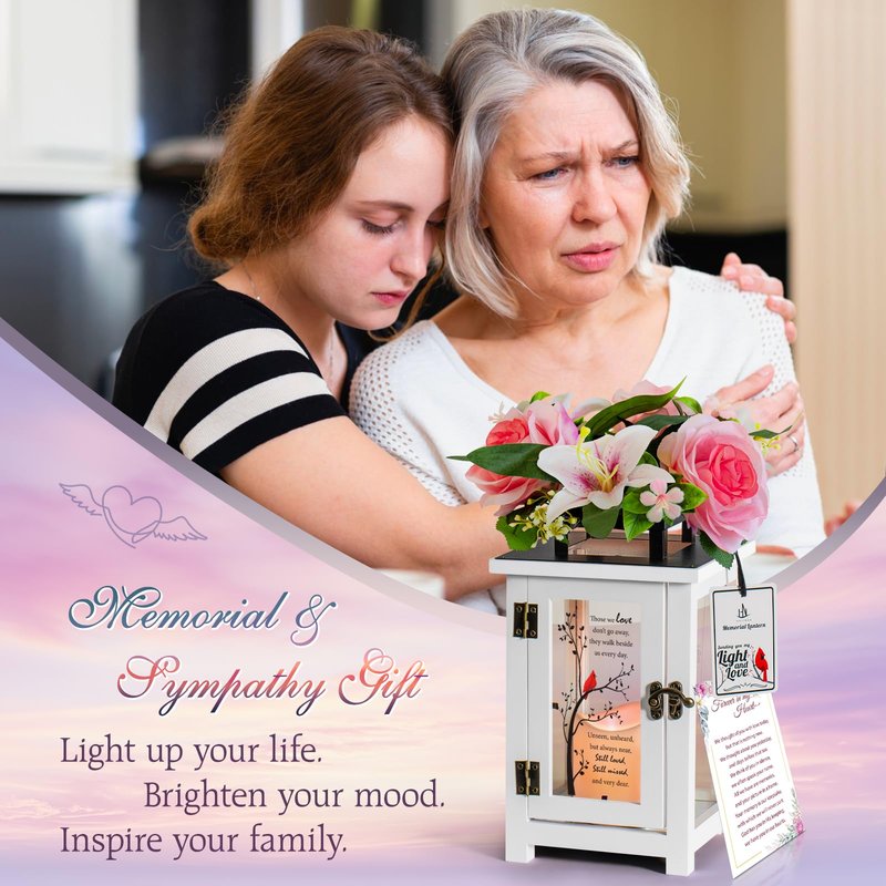 HN HAIINAA Memorial Lantern Sympathy Gift Bereavement Gift Idea with Sympathy Rose Flowers for Loss of Loved One Memorial Gift for Loss of Mother Father Brother Sister Husband