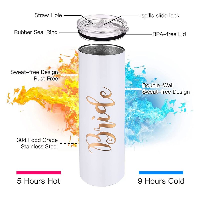 10 Pack Bride to Be Skinny Tumbler | 20 oz Bride Tribe Stainless Steel Wine Tumblers | Engagement Wedding Gifts Bridesmaids Mugs Bachelorette Party Supplies & Games