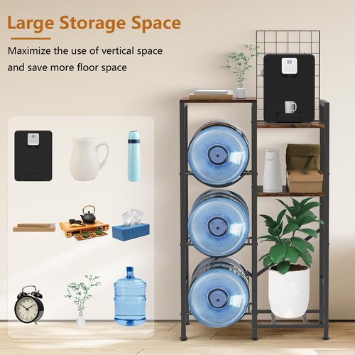 Water Bottle Holder Organizer 5 Gallon Water Jug Holder 5 Cup Hooks Heavy Duty Water Dispenser Stand Rack with Storage Shelves Water Cooler Jug Rack for Kitchen, Office, Living Room, Rustic Brown