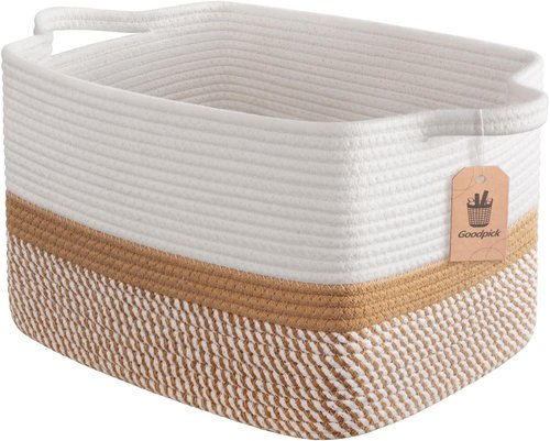 Goodpick Woven Storage Baskets - Cotton Rope Organizers for Home Decor | 13"x10"x9" | White & Camel Mix
