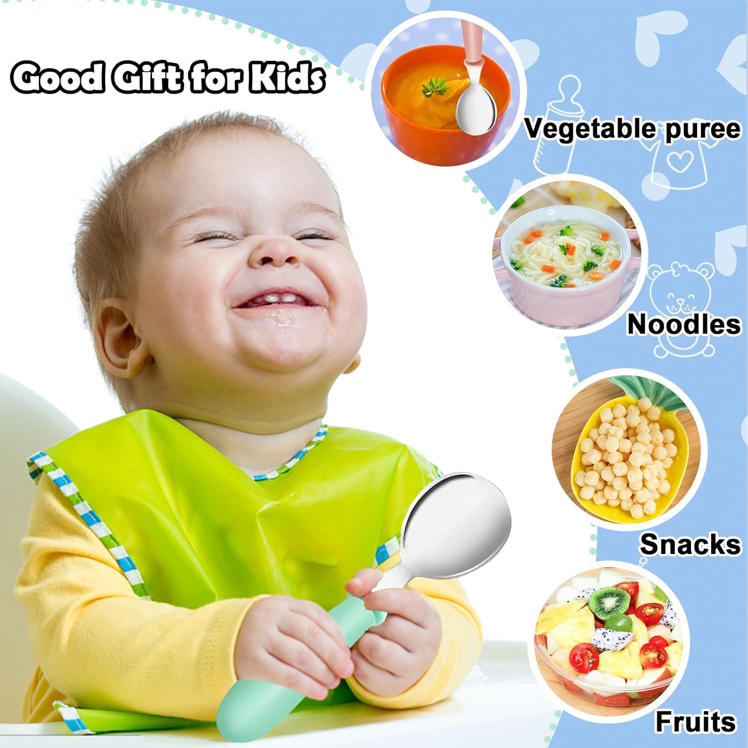 Skiennix Toddler Utensils Set - 12-Piece Stainless Steel Forks & Spoons | Dishwasher Safe, Round Handle