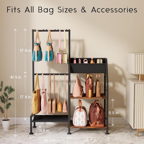 Homsorout Purse Organizer - 3-Tier Storage Stand with 12 Fixed Hooks | Space-Saving Black Bag Rack